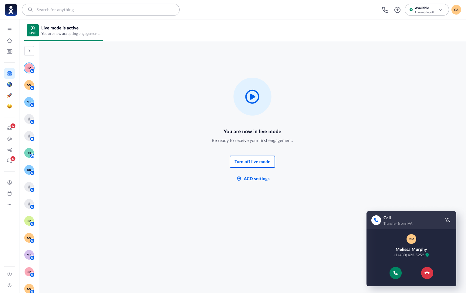 Live mode active, inbound call pop transferred from the virtual assistant with caller name and number